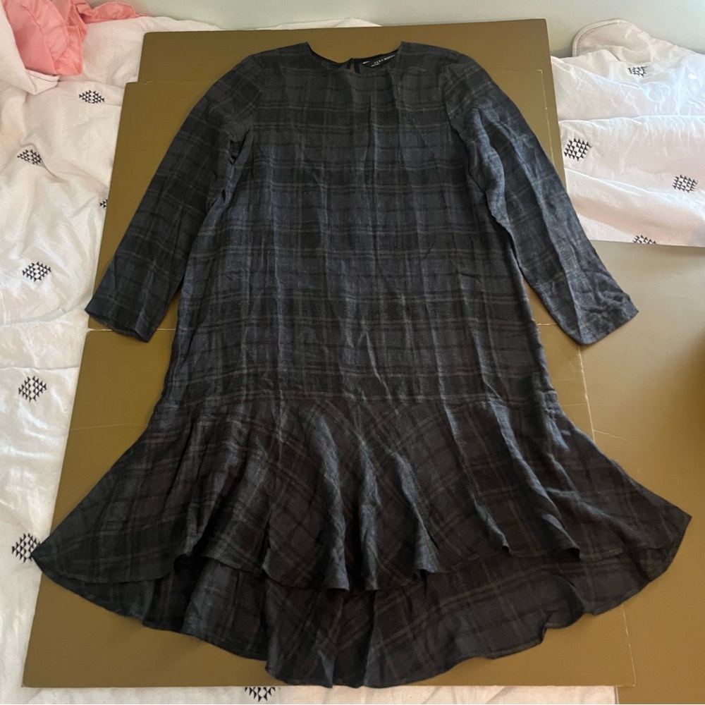 Zara Women Large Black Grey Plaid Long Sleeve Peplum High Low Maxi Midi Dress